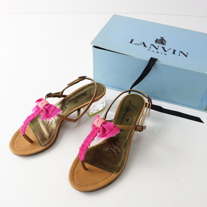 未使用 イタリア製 ファーストライン ランバン LANVIN クリアヒール リボン トングサンダル 37/ブラウン 約24.5cm【2400014491296】