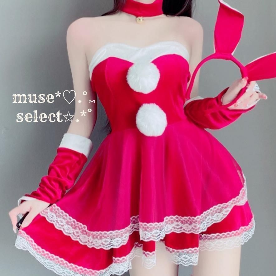 韓国 セット サンタクロース ワンピース バニーガール コスプレ 即納】M/L赤セクシーバニーガール ミニワンピースドレス