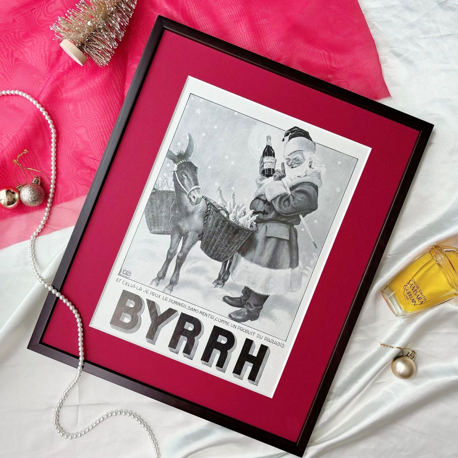 ＜1936 広告＞BYRRH クリスマス サンタクロース ポスター ヴィンテージ アートポスター フレーム付き 額縁 インテリア モダン おしゃれ かわいい 壁掛け ポップ  レトロ 赤 モノクロ モノトーン