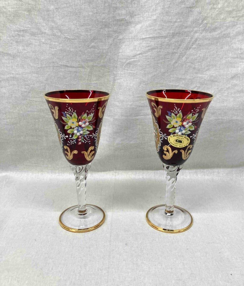 新品同様 MURANO ムラーノベネチアングラス ワイングラス箱付 2客セット tifana_1-240002229024