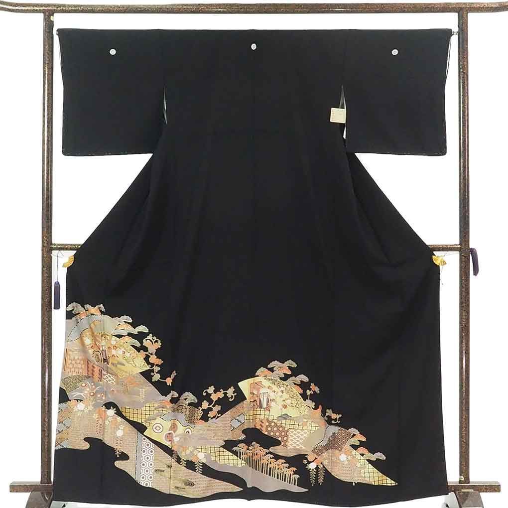 黒留袖 身丈165cm 裄66cm 前幅24cm 後幅30cm 袖丈45cm 袖幅35cm レディース 金彩 裄長 裄M-Lサイズ 年中着用可 正絹 シルク ブラック トールサイズ リメイク リユース リサイクル 呉服のきくや