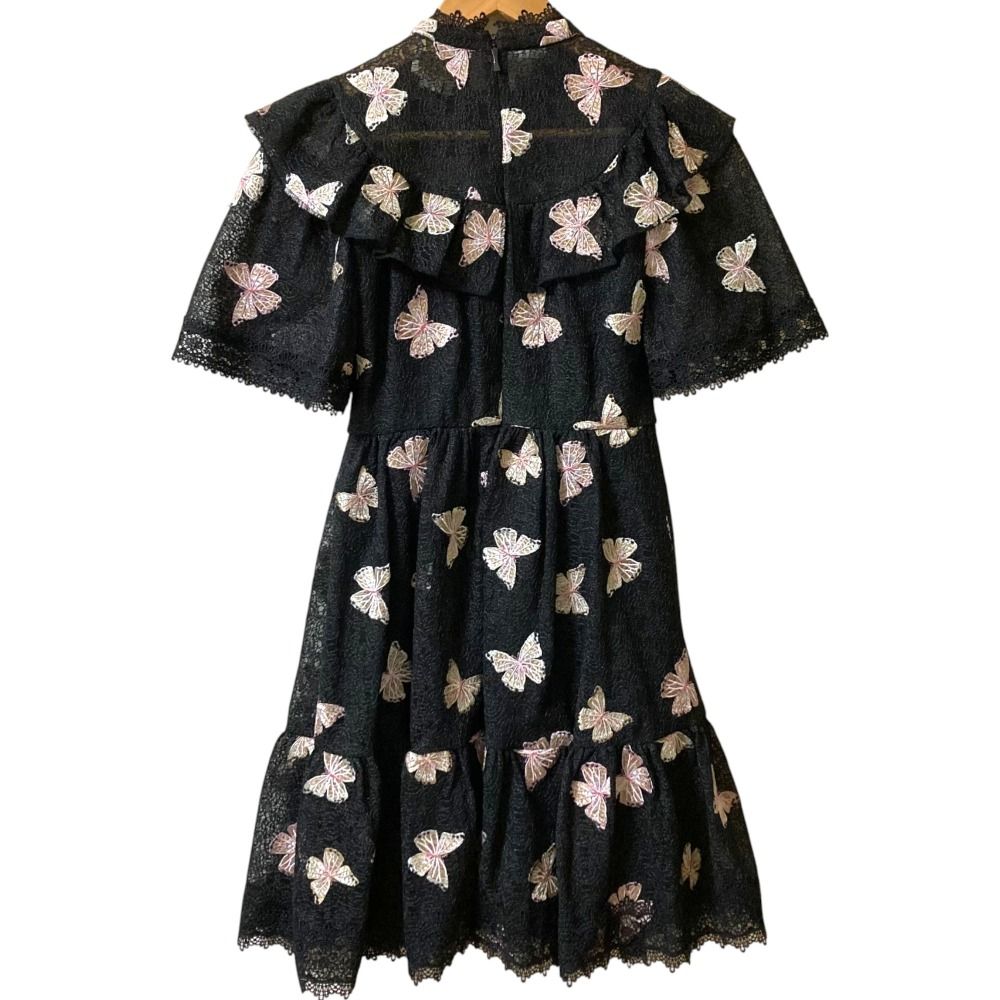 Kate spade ケイトスペード バタフライ柄 コードレース ワンピース 0 ブラック レディース 古着