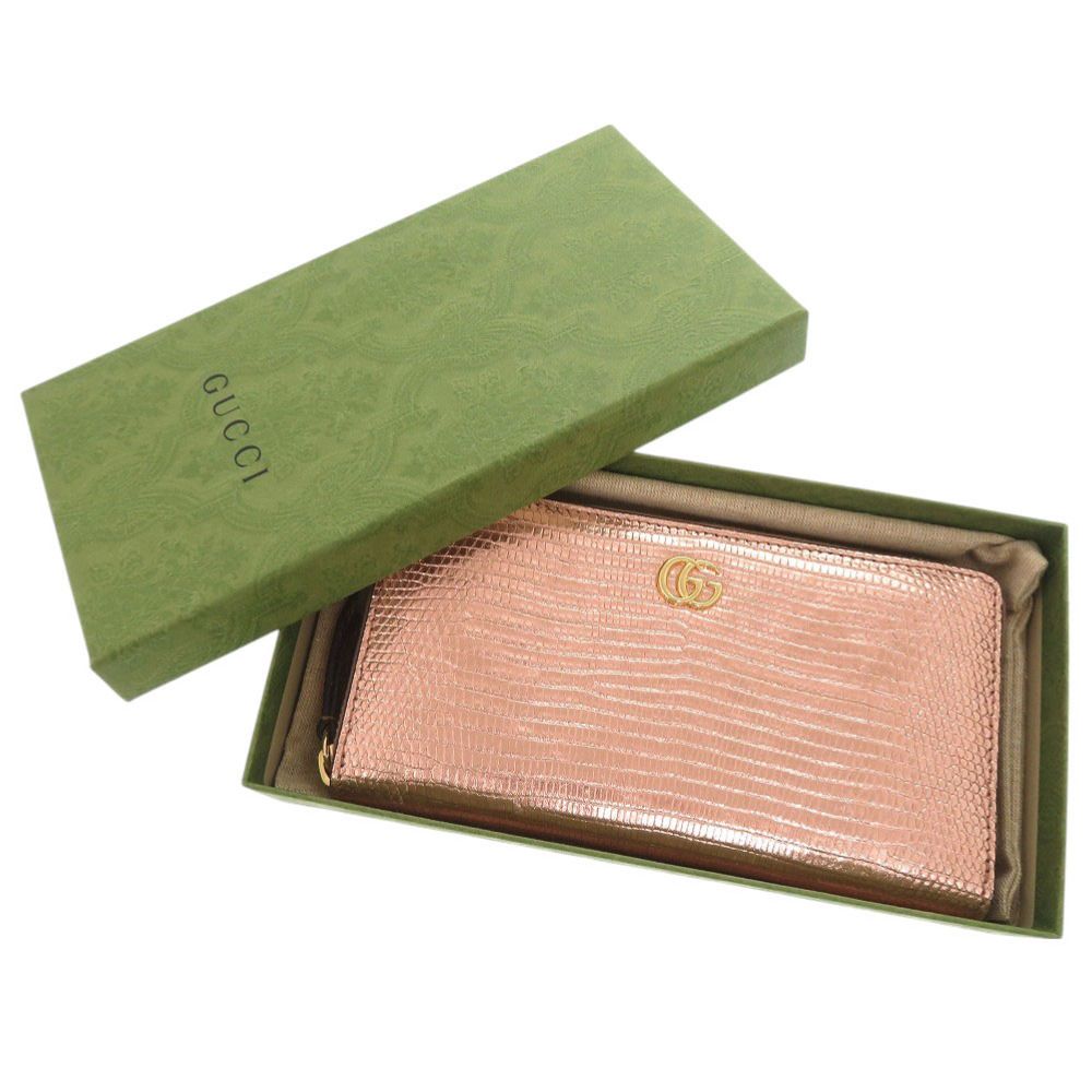 新品同様 グッチ GGマーモント 456117 リザード ピンク ラウンド