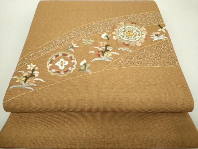 平和屋□極上 六通柄袋帯 スワトウ刺繍 相良刺繍 飾花文 金