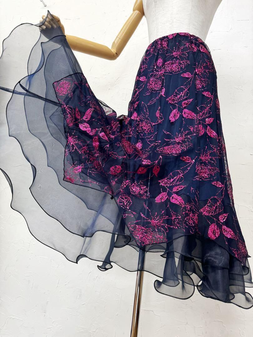 【花柄ラメ】社交ダンス用裾オーガンジー 　ロングフレアスカート紺ピンクｄ026 花柄ラメ】社交ダンス用裾オーガンジー ロングフレアスカート紺ピンクd026
