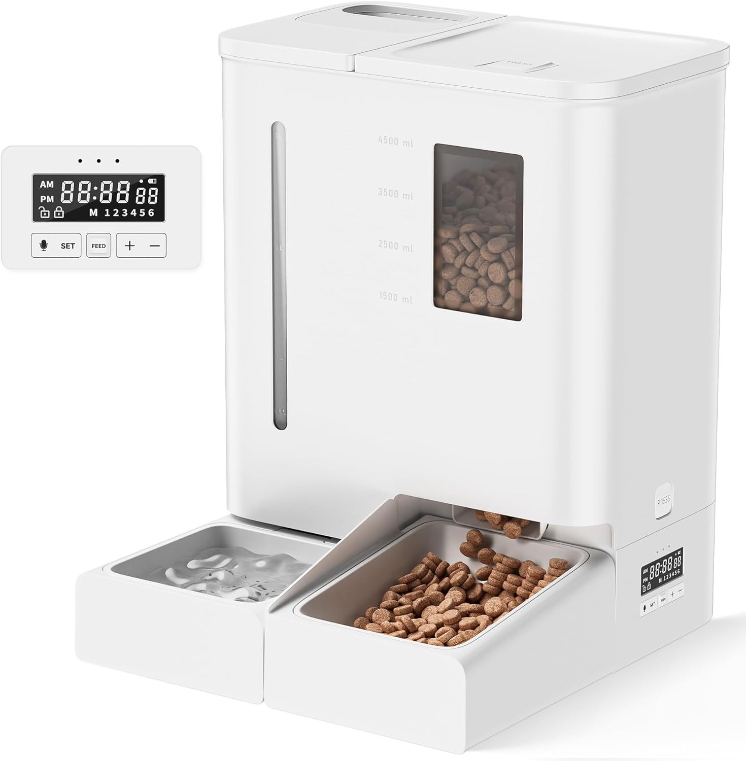 DUDUPET 自動給餌器 猫 給水器一体化 音声録音 5L容量 2WAY給電 手動給餌 自動餌やり機 ステンレス皿 操作簡単 1日6食 ホワイト