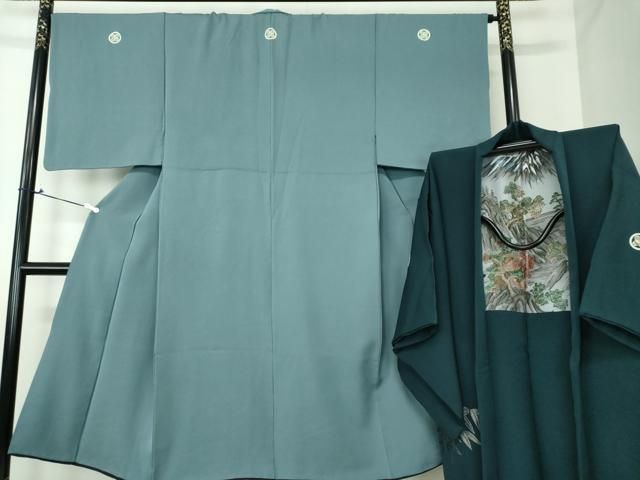 平和屋着物●男性 色紋付 羽織セット 着物 御召御納戸色 羽織 百入茶色 正絹 DAAV6860ps