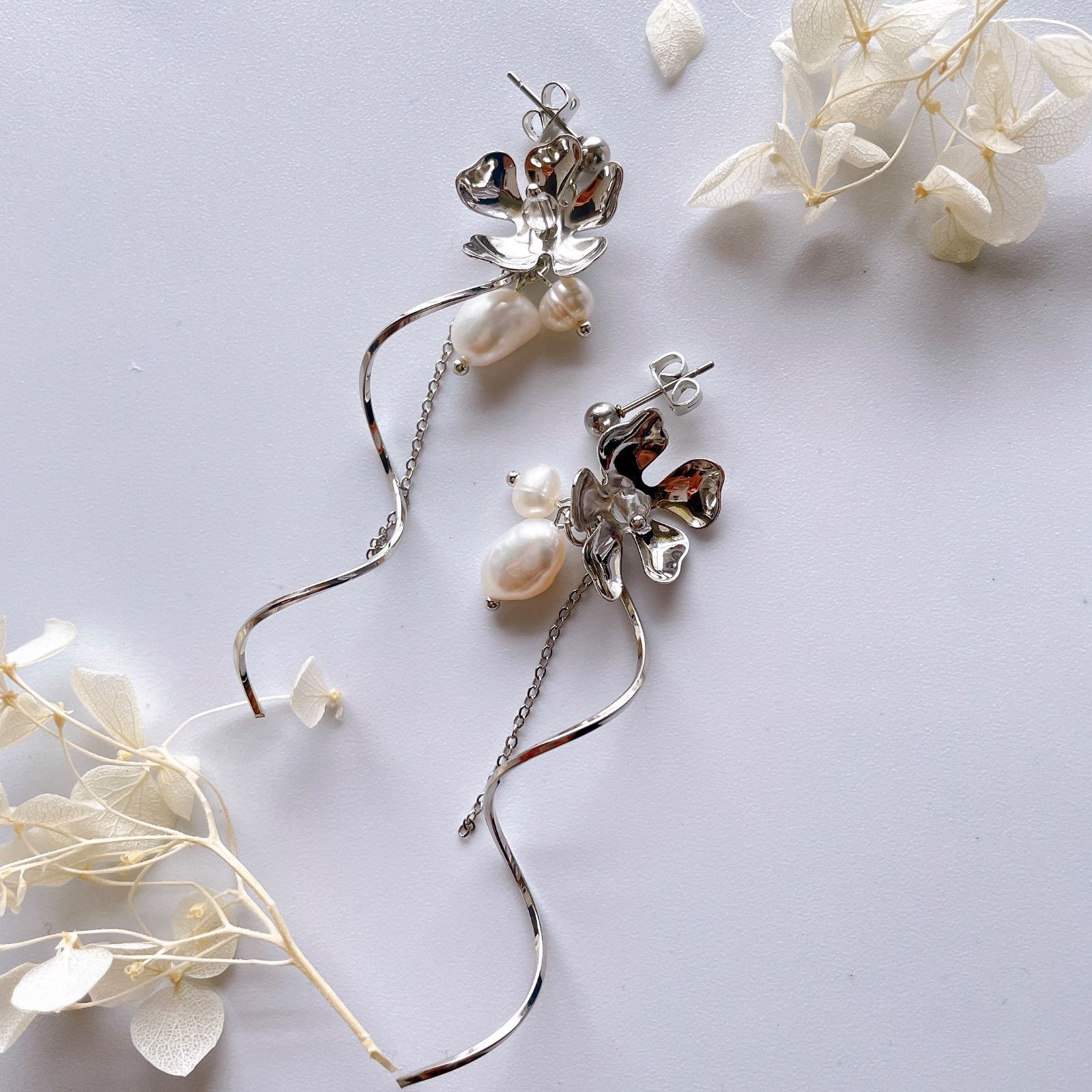 上品 304ステンレス ポスト 24KGP 本金メッキ ゴールド シルバー メタル フラワー お花 天然 淡水 パール ワイヤー チェーン ピアス くねくね クリア ビーズ ハンドメイドピアス アレルギー対応 イヤリング変更 NEXPOTALLINN_EU