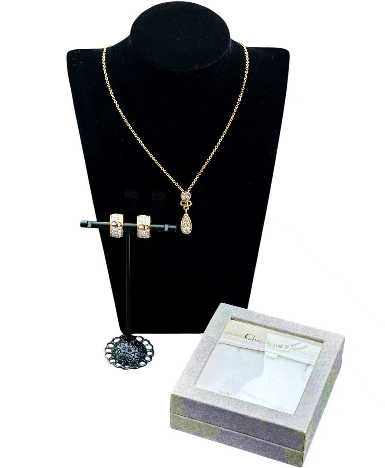 ◆クリスチャンディオールChristianDiorネックレス＆イヤリングセットヴィンテージVintageティアドロップモチーフラインストーン