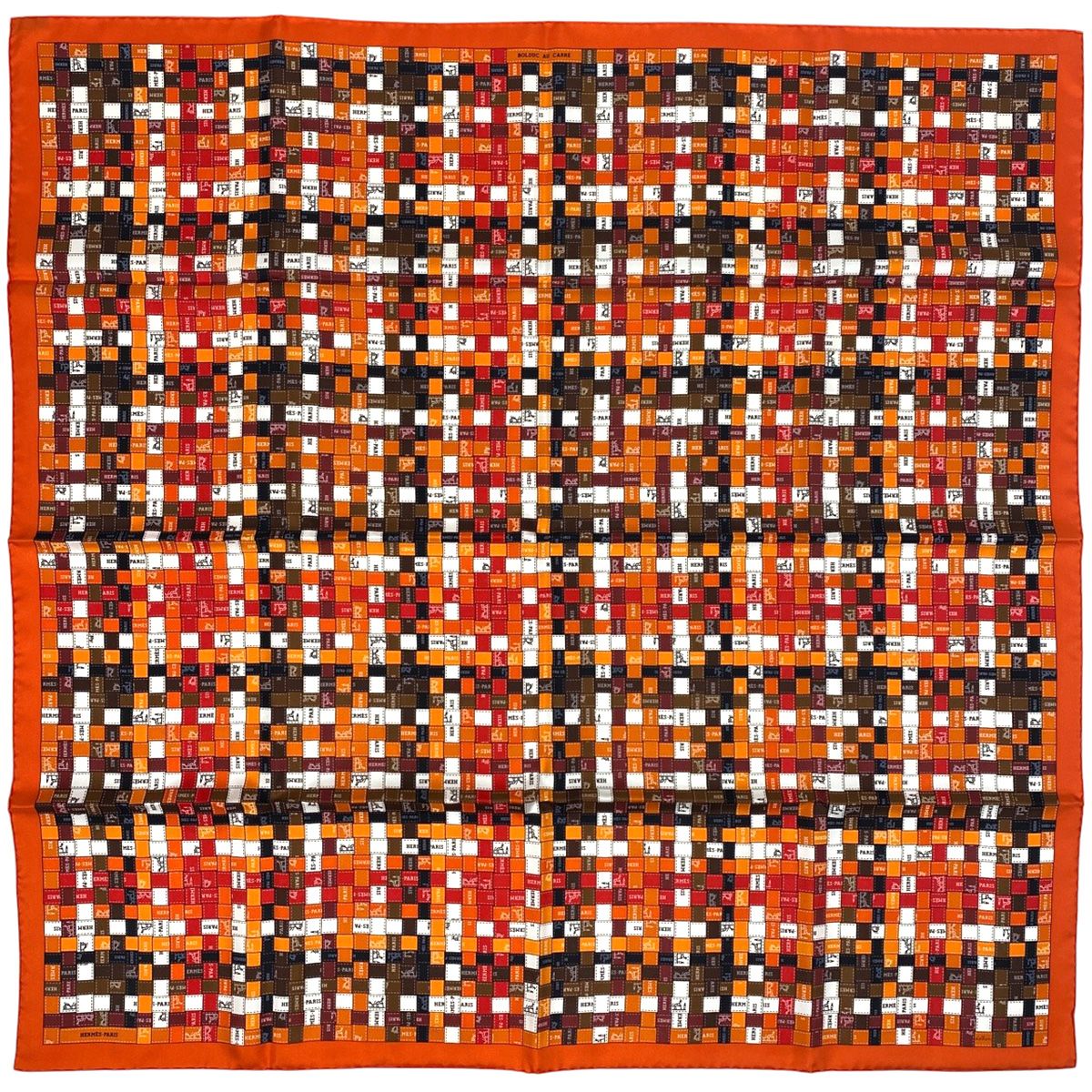 エルメス HERMES カレ90 BOLDUC AU CARRE ボルデュックチェック リボン スカーフ シルク オレンジ マルチ レディース
