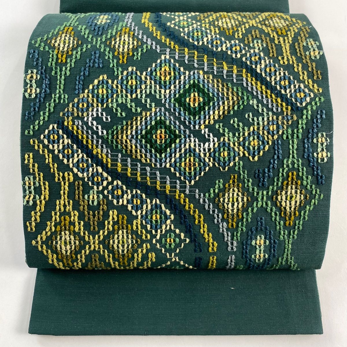 袋帯 名品 菱 幾何学 緑 お太鼓柄 正絹