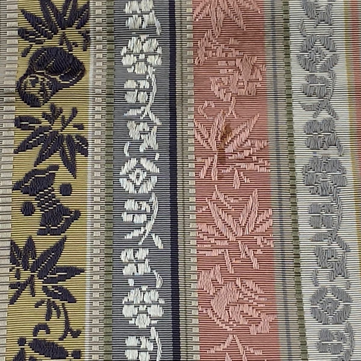 半幅帯 秀品 博多織 証紙有 縞 草花 灰茶 正絹