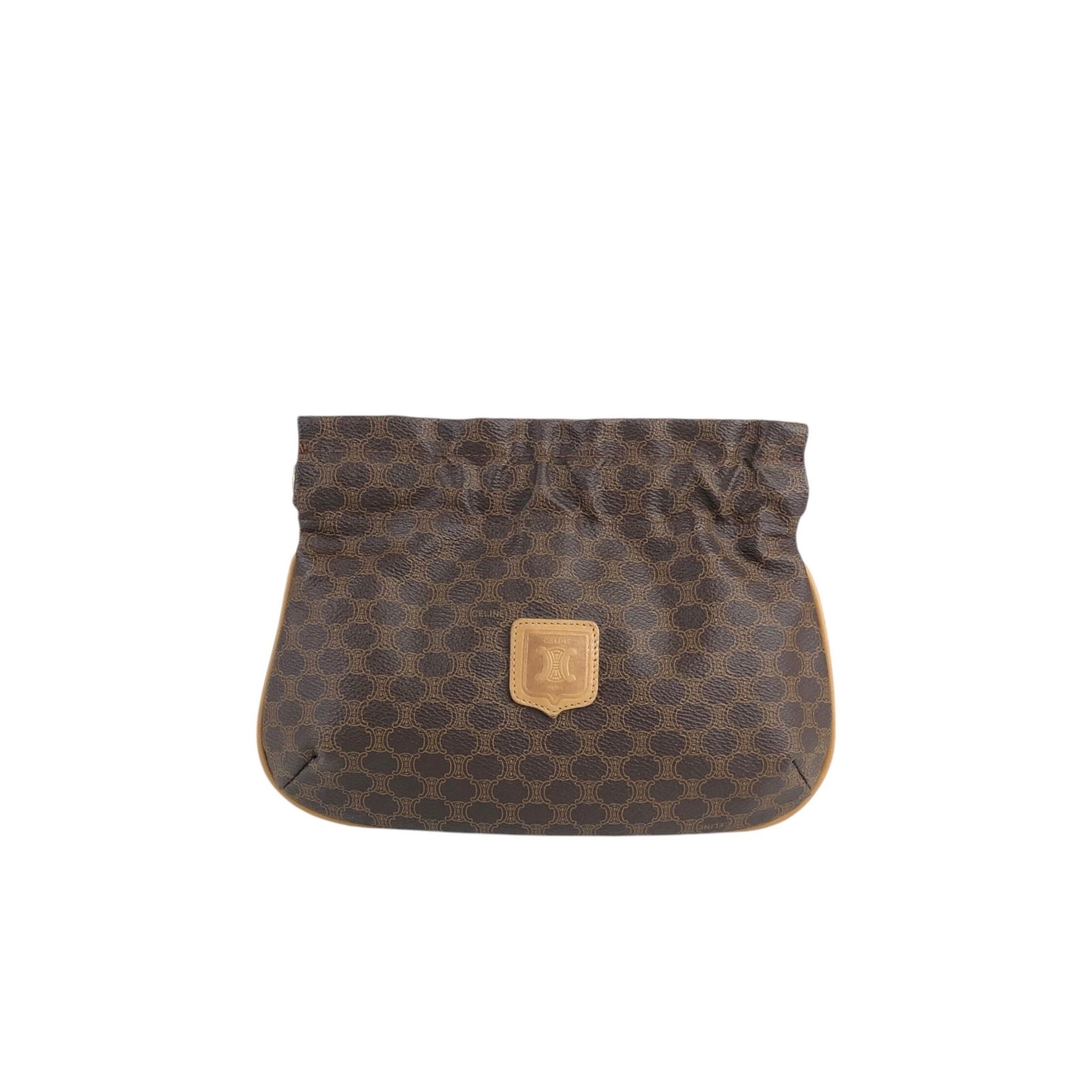 CELINE セリーヌ マカダム ブラゾン型押し PVC レザー 巾着 ポーチ ブラウン vhy7wu