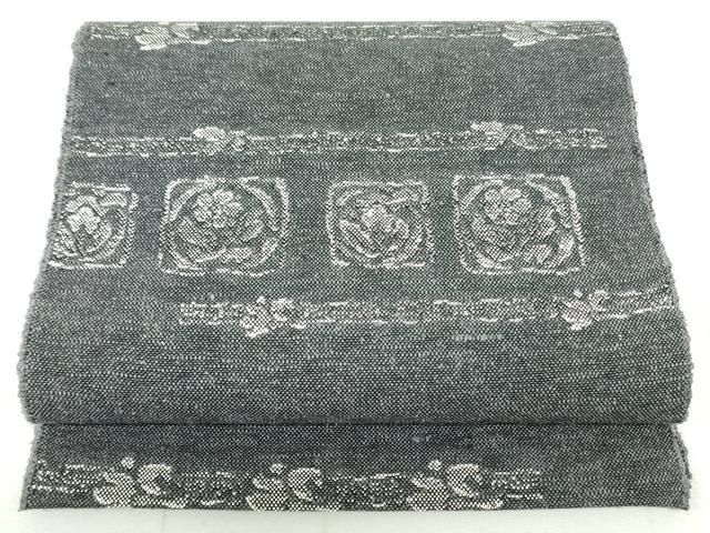 平和屋着物●八寸名古屋帯　紬地　草花横段文　藤煤竹色　正絹　逸品　未使用　DAAU6933ob 平和屋着物○八寸名古屋帯 紬地 草花横段文 藤煤竹色 正絹 逸品 未使用