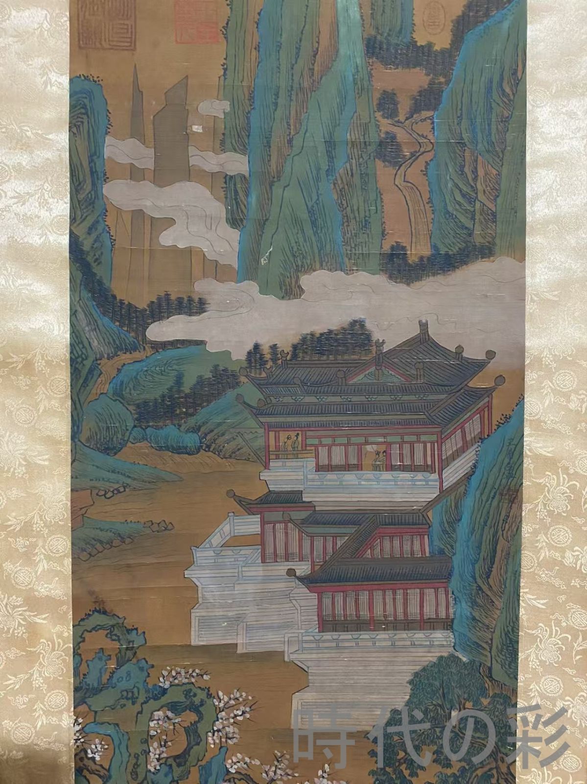 中国古美術 宋代 王希孟款 山水画 絹布 三尺中堂画 肉筆 手描き 唐物 掛け軸 水墨画 水彩画 国画 絵画 古画 書道 名家書画 古玩 R0709181801