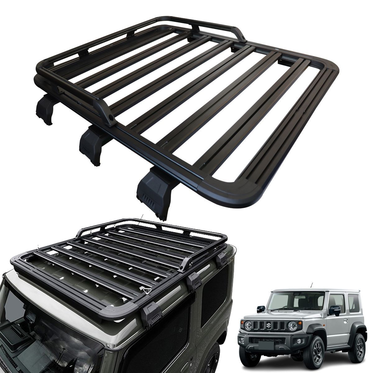 ジムニー JB64W JB74W シエラ ルーフキャリア 耐荷重75kg アルミ製 ルーフラック 約 158x127cm ルーフバスケット ロースタイル フラットラック プラットフォーム Tスロット 積載 ルーフラック本体 サイドアームBセット