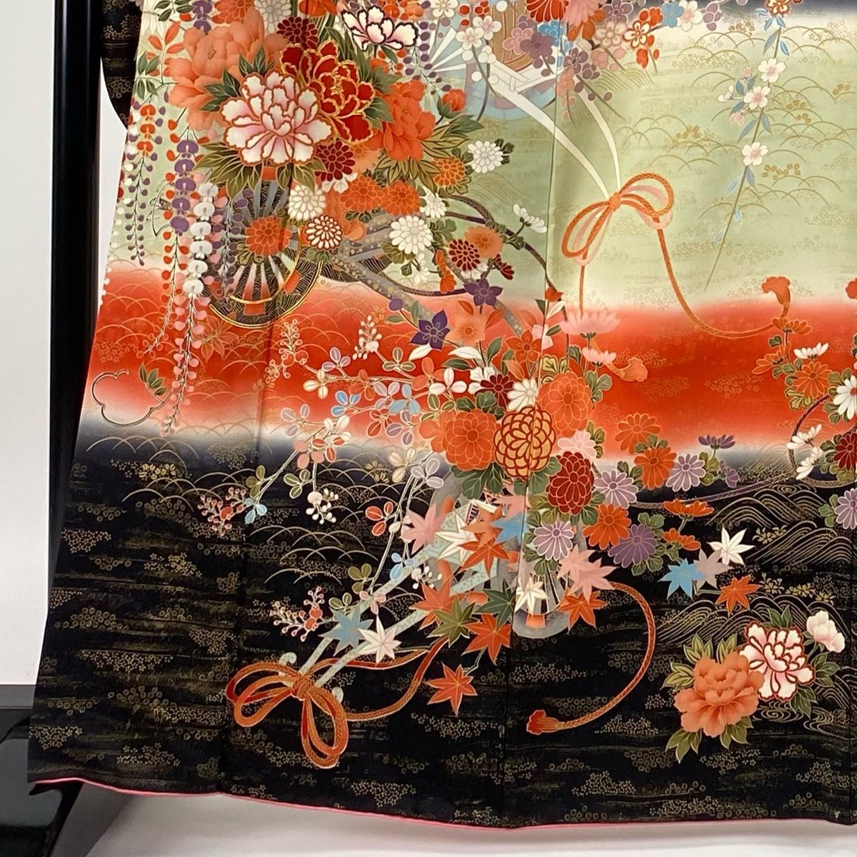 振袖 身丈167cm 裄丈66cm M 袷 谷崎潤一郎の世界 花車 草花 金糸 金彩 抹茶色 正絹 秀品