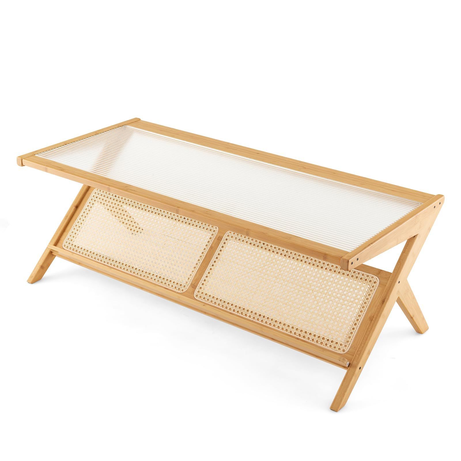 頑丈 北欧風 組み立て簡単 省スペース 一人暮らし コンパクト おしゃれ 収納付き ガラス天板 リビング テーブル 机 コーヒーテーブル リビングテーブル ローテーブル 茶室 竹製 幅120cm センターテーブル GYMAX