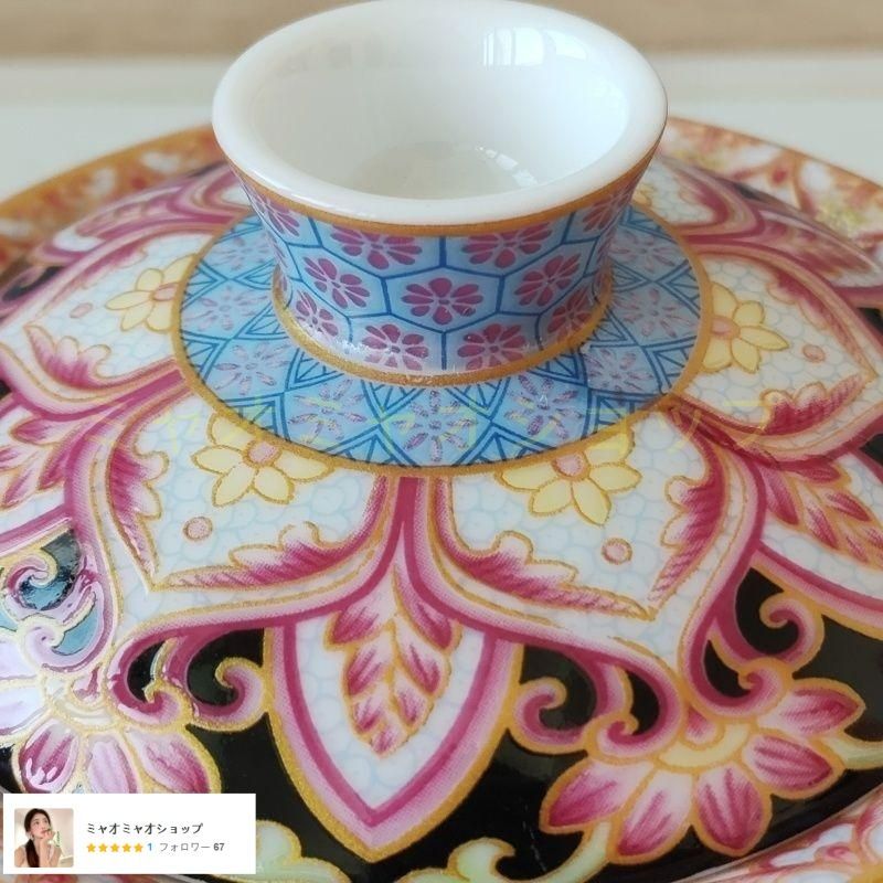 中国茶器 景徳鎮 陶磁器 敦煌図黒蓋碗 煎茶器 茶道具 新品未使用