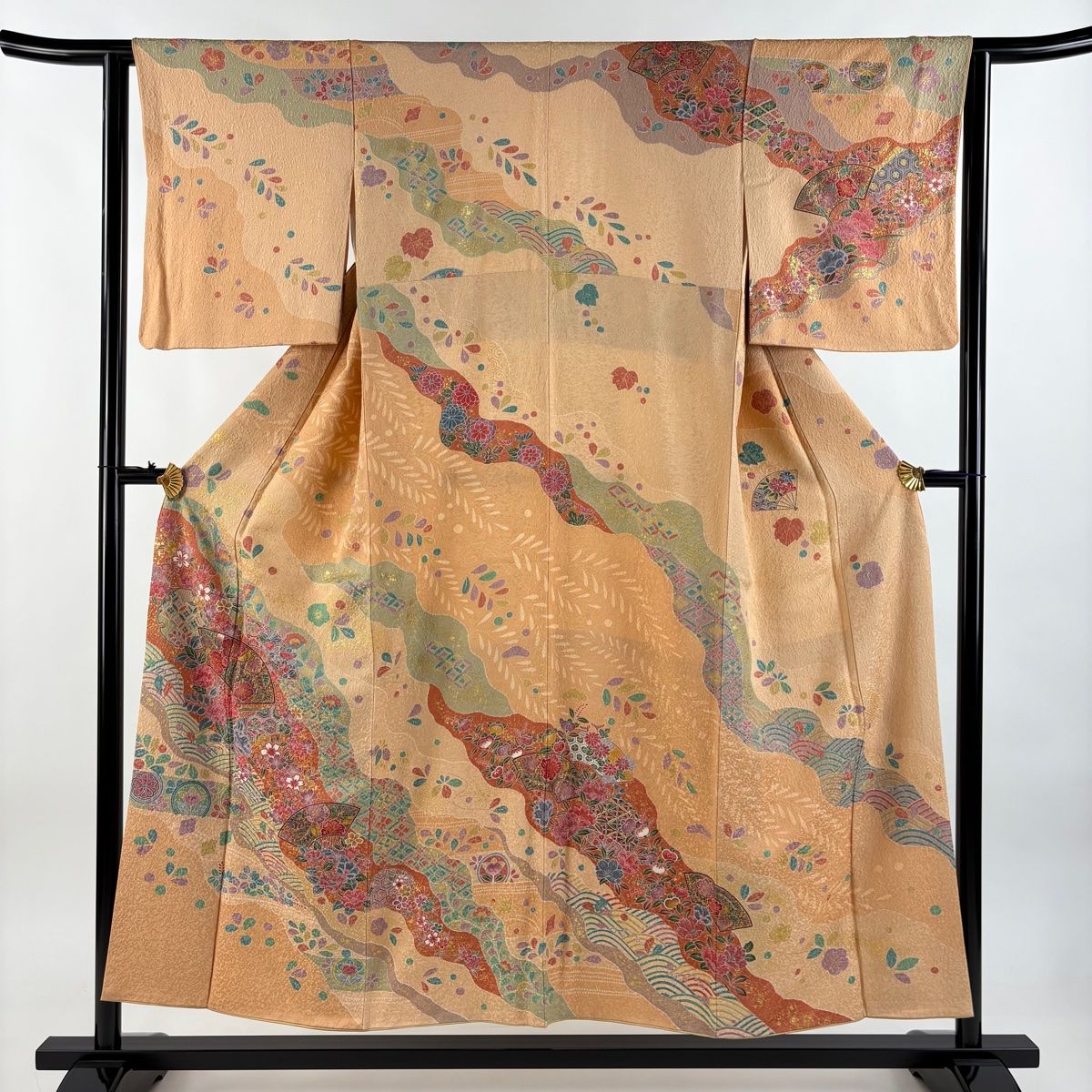 訪問着 身丈151cm 裄丈63cm S 袷 扇面 草花 金彩 薄オレンジ 正絹