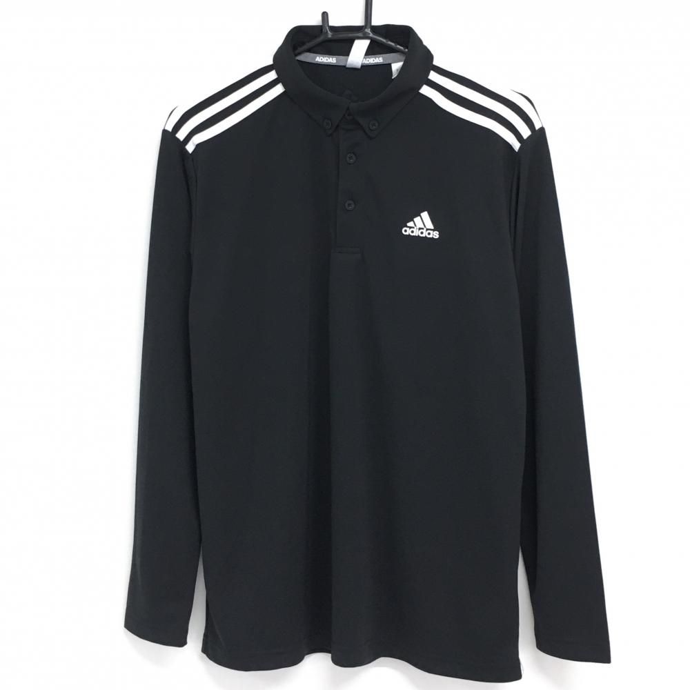 【超美品】アディダス 長袖ポロシャツ 黒×白 肩3ライン ボタンダウン メンズ O ゴルフウェア adidas