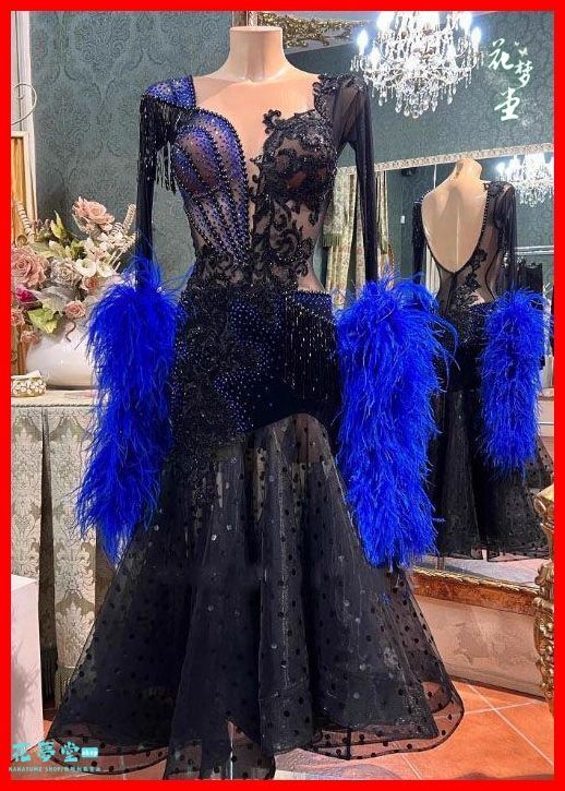 オーダーメイド社交ダンス衣装色変更可 スタンダードドレス 羽根高品質