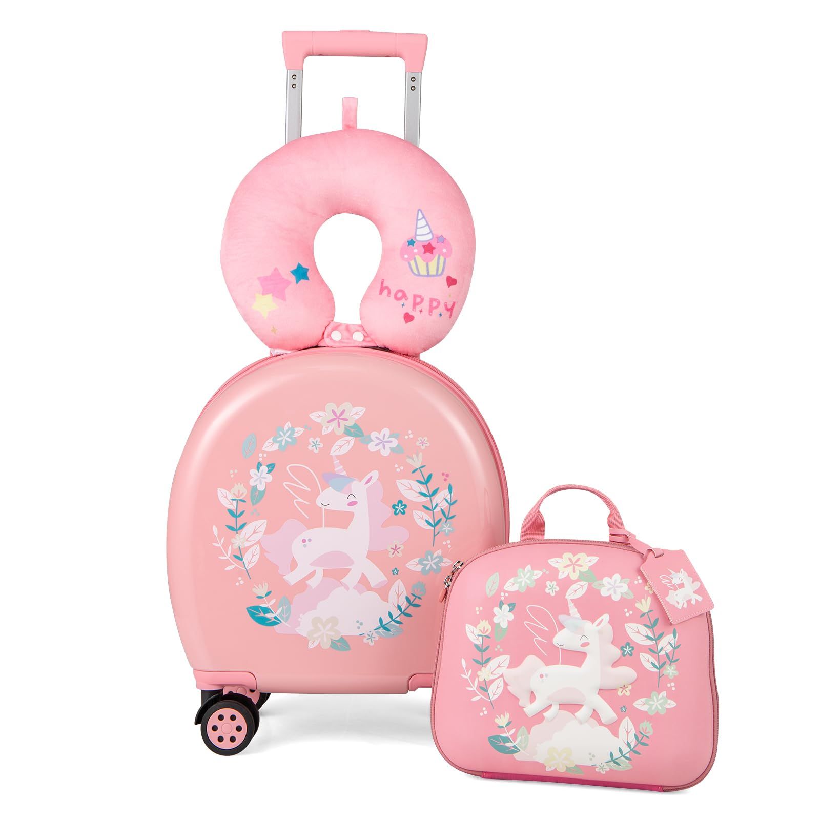 GOPLUS 子供用キャリーケース スーツケース キッズキャリーケース 機内持ち込み 子供 キッズ 女の子 ピンク ユニコーン柄 4点セット ケース リュック ネックピロー 荷物タグ