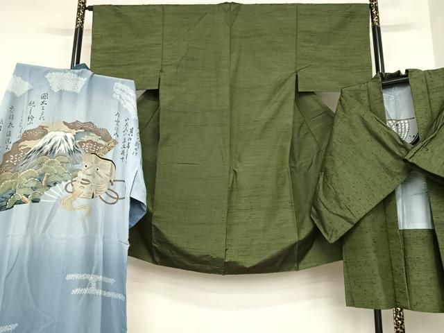 平和屋着物●男性 紬 アンサンブル 長襦袢 袷 セット 色無地 海松茶色 正絹 AABA0332zg