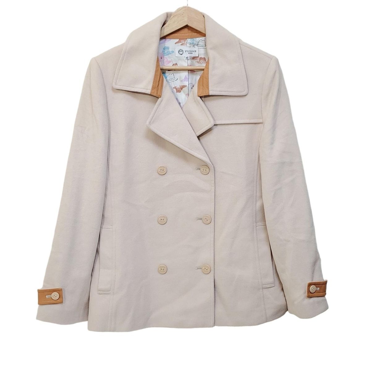 PICONE ピッコーネ コート サイズ42 M レディース - ベージュ 長袖 アンゴラ レザー ショート丈 肩パッド 冬