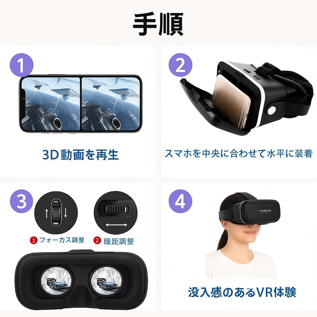 スマホ用VRゴーグル – 3D没入体験、DMM/FANZA/YouTube対応 VR SHINECON VRゴーグル スマホ