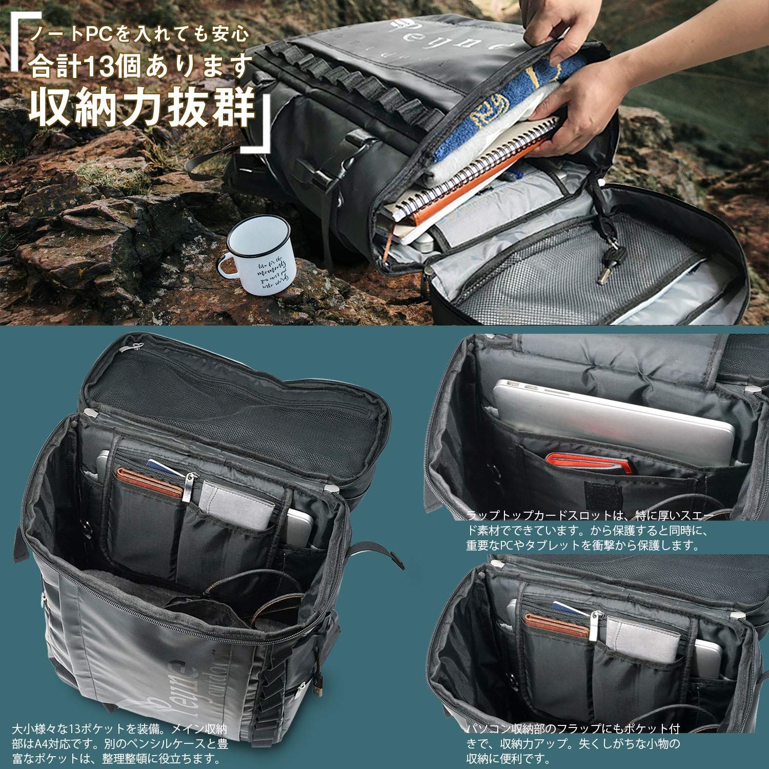 15.6インチ PC USBポート付き 多ポケット ビジネスリュック，40L リュック，A4収納 outdoor キャンバス 通勤  スクエアバックパック 靴/弁当収納 修学 スクエアリュック 旅行 スクエア 学生 拡張機能 リュックサック，2層式 ブラック 完 - メルカリ