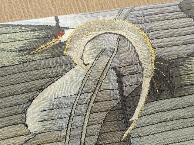 a666 正絹 明綴れ　刺繍　鶴　お太鼓柄袋帯 金糸 着物 miyagawa-kimono_sb54198