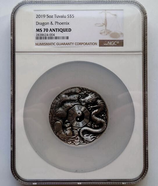 2019 Tuvalu 5$ DRAGON And PHOENIX Bagua 5 oz Silver Coin Perth Mint NGC MS70 AN
