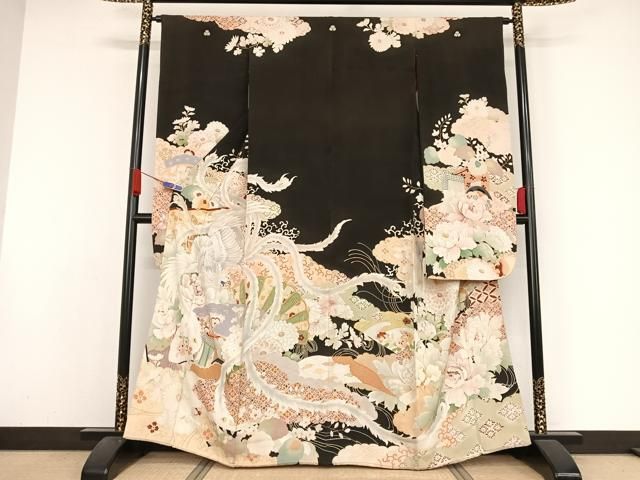 平和屋着物○アンティーク 大正ロマン 振袖 鳳凰花文 黒地 正絹 逸品