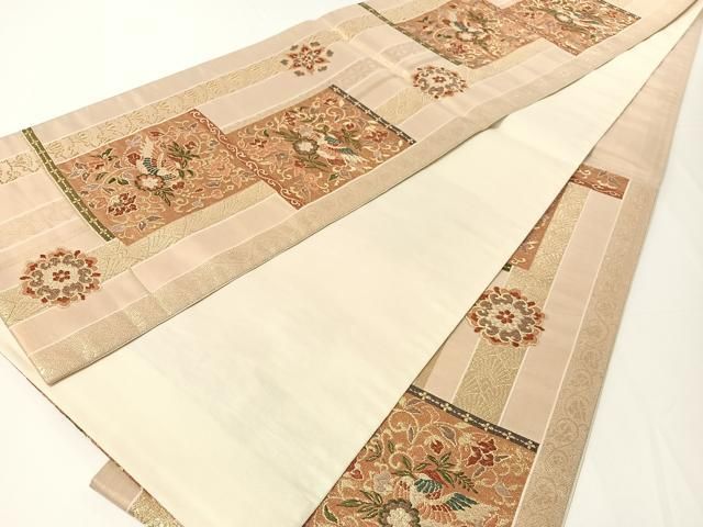 平和屋着物▽六通柄袋帯 色紙花喰い鳥 金糸 正絹 逸品