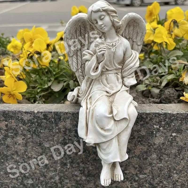 ガーデンオブジェ 置物 天使像 彫刻 石像風 座る おしゃれ