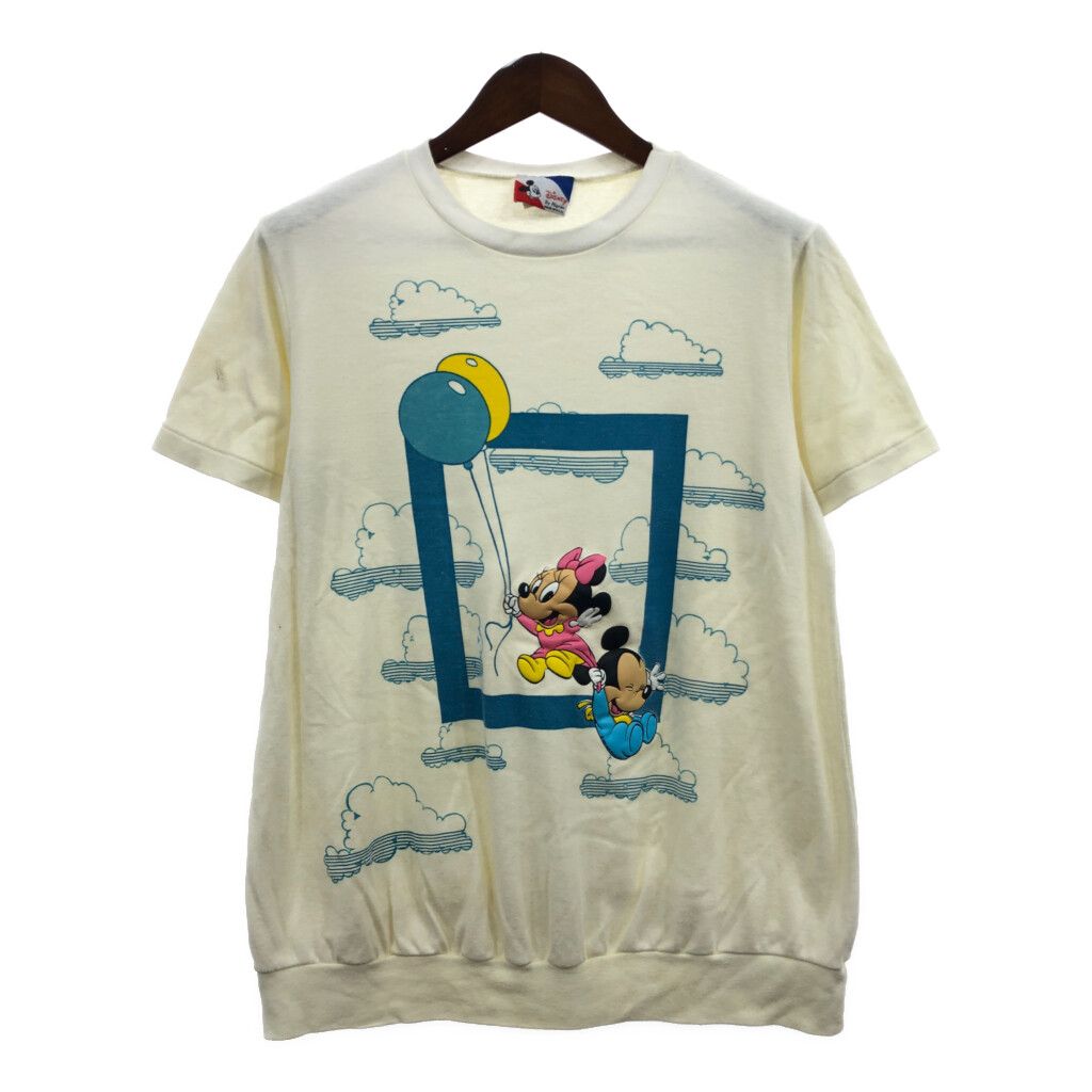 80年代 USA製 Disney ディズニー ベビー ミッキー ミニー 立体プリント 半袖Ｔシャツ キャラクター アイボリー (メンズ L) 中古 古着 Q6610