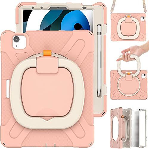 iPad Air5/Air4/Pro11_コーラルピンク iPad Air 5/iPad Air 4/iPad Pro 11ケース iPad 10.9インチ Air 第5/4世代 カバー 耐衝撃 頑丈 360度回転スタンド ハンドル付き 虹色 かわいい アイパ