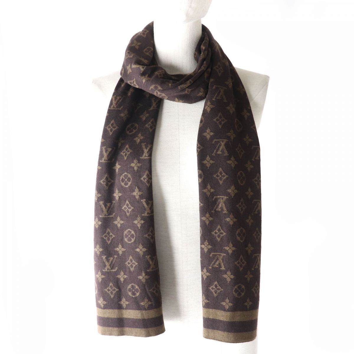 ルイヴィトン　モノグラム　 ストール　マフラー　カシミヤ　シルク　ブラウン 美品△正規品 LOUIS VUITTON ルイヴィトン モノグラム カシミヤ