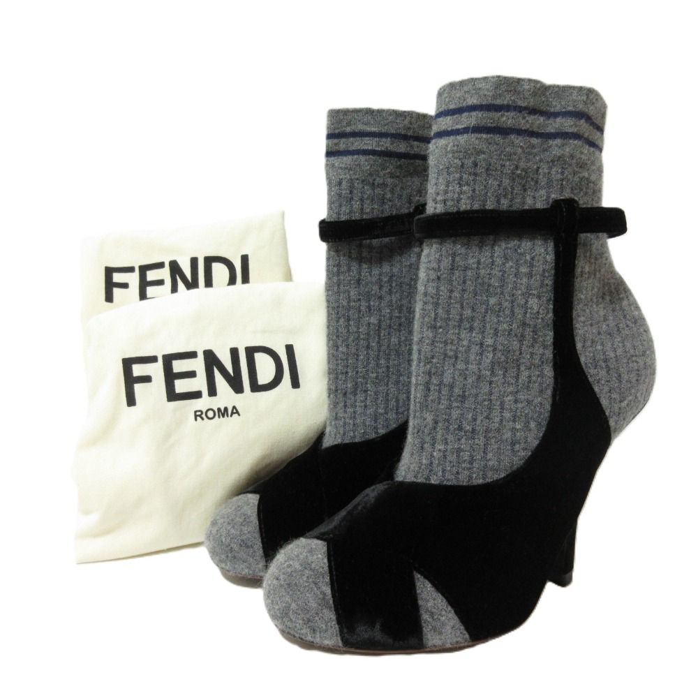FENDI フェンディ ROCKOKO ロココ ニット ベロア ソックスブーツ ショートブーツ サイズ36 約23cm グレー×ブラック レディース 古着