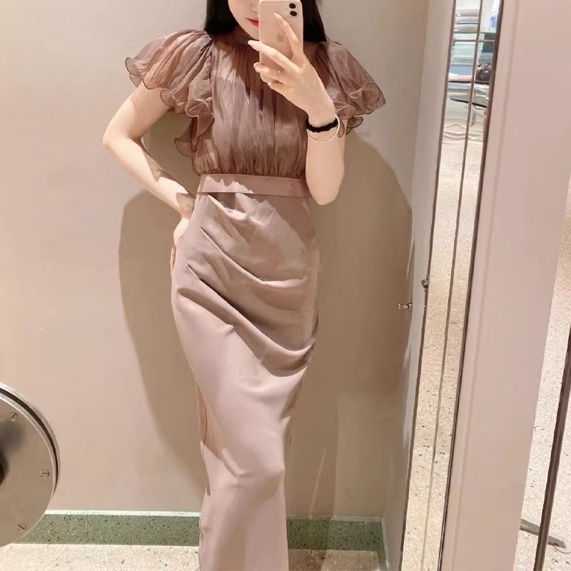 LEJA ブラウン オケージョンドレスボレロ付き Leja レジャ 花柄刺繍