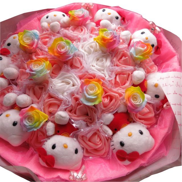 誕生日プレゼント キティ 花束 フラワーギフト キティ9個入り レインボーローズ プリザーブドフラワー入り キティ ブーケ プレゼント フラワーギフト