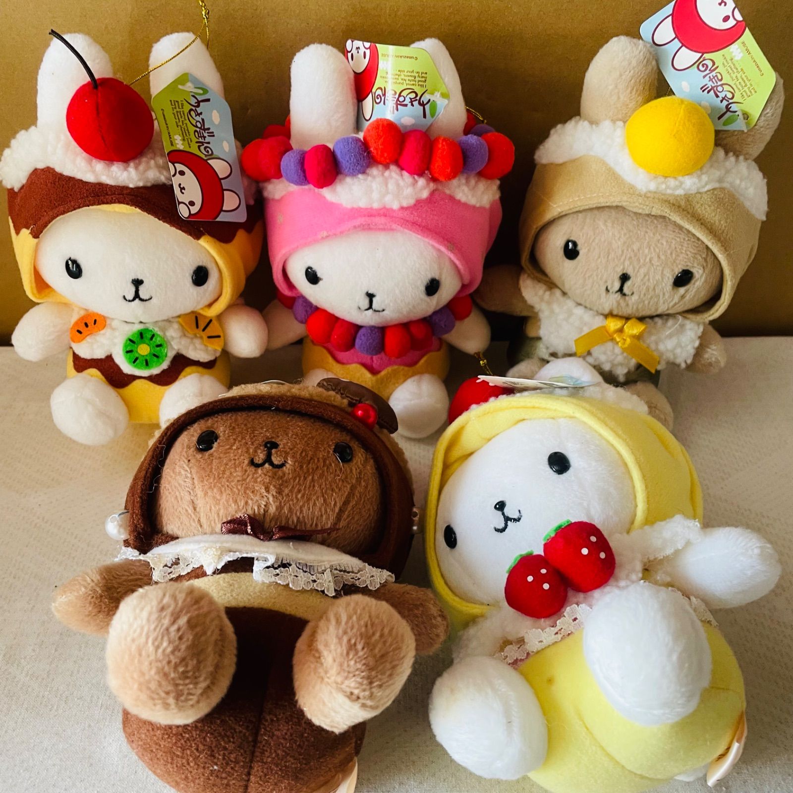 美品】うさずきん ぬいぐるみ5つセット レトロ ケーキモチーフ