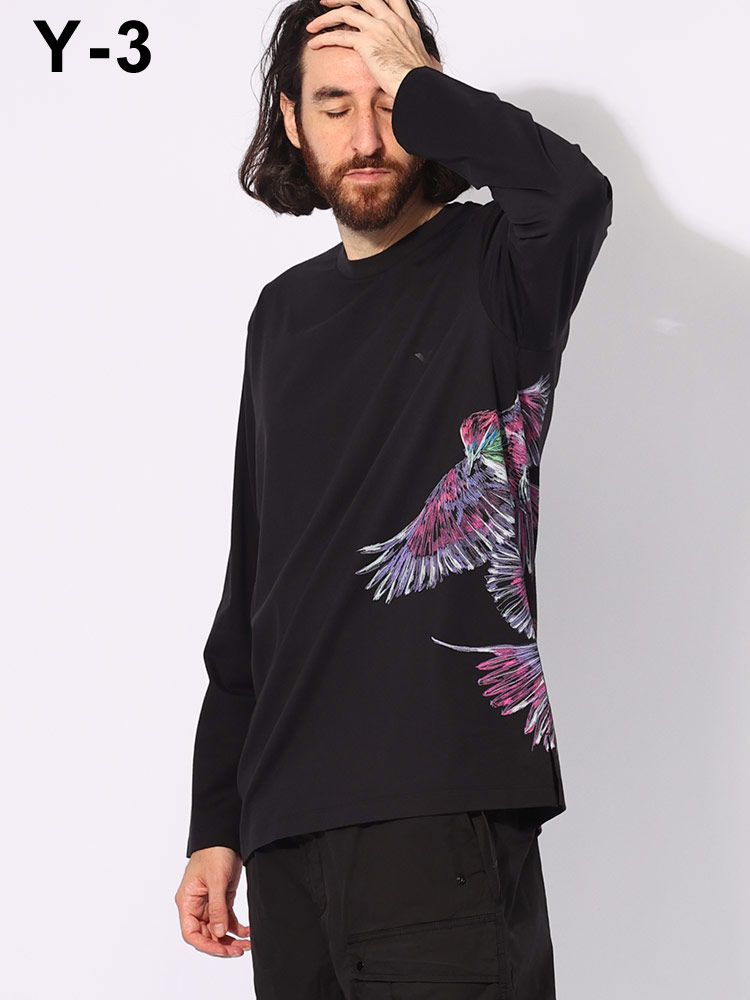 Y-3 (ワイスリー) グラフィックプリント 胸ロゴ クルーネック 長袖 Tシャツ Y3IX5037 メンズ (ブラック)