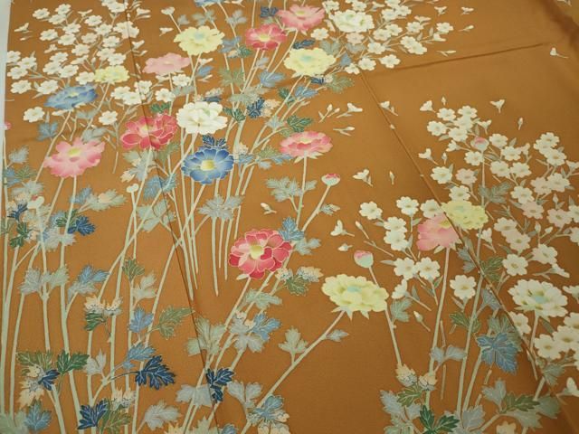 平和屋本店□極上 本加賀友禅作家 柿本市郎 訪問着 四季花文 赤朽葉色