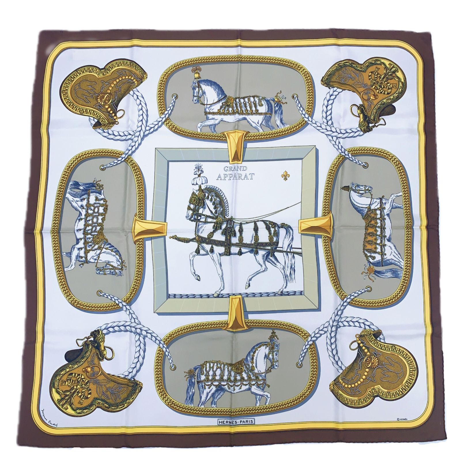 極美品 HERMES エルメス カレ90 GRAND APPARAT 盛装の馬 ブラウン x 