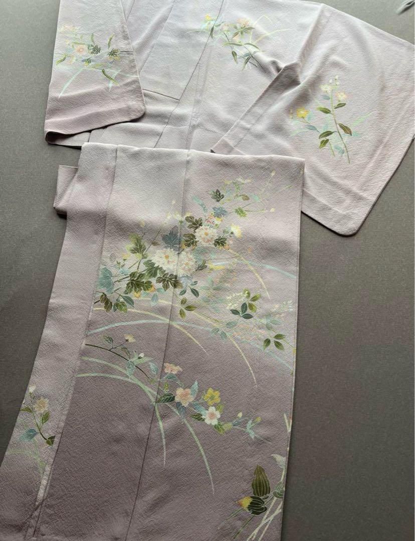 単衣 付下げ 加賀友禅 淡いピンク 花