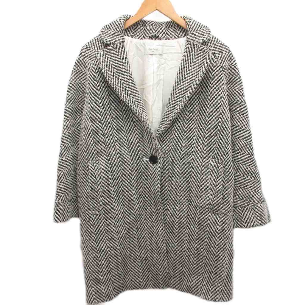 ポールスミス PAUL SMITH ツイードコート ジャケット ミドル丈 編み込み 総柄 白 ホワイト 黒 ブラック 40 約L MET2