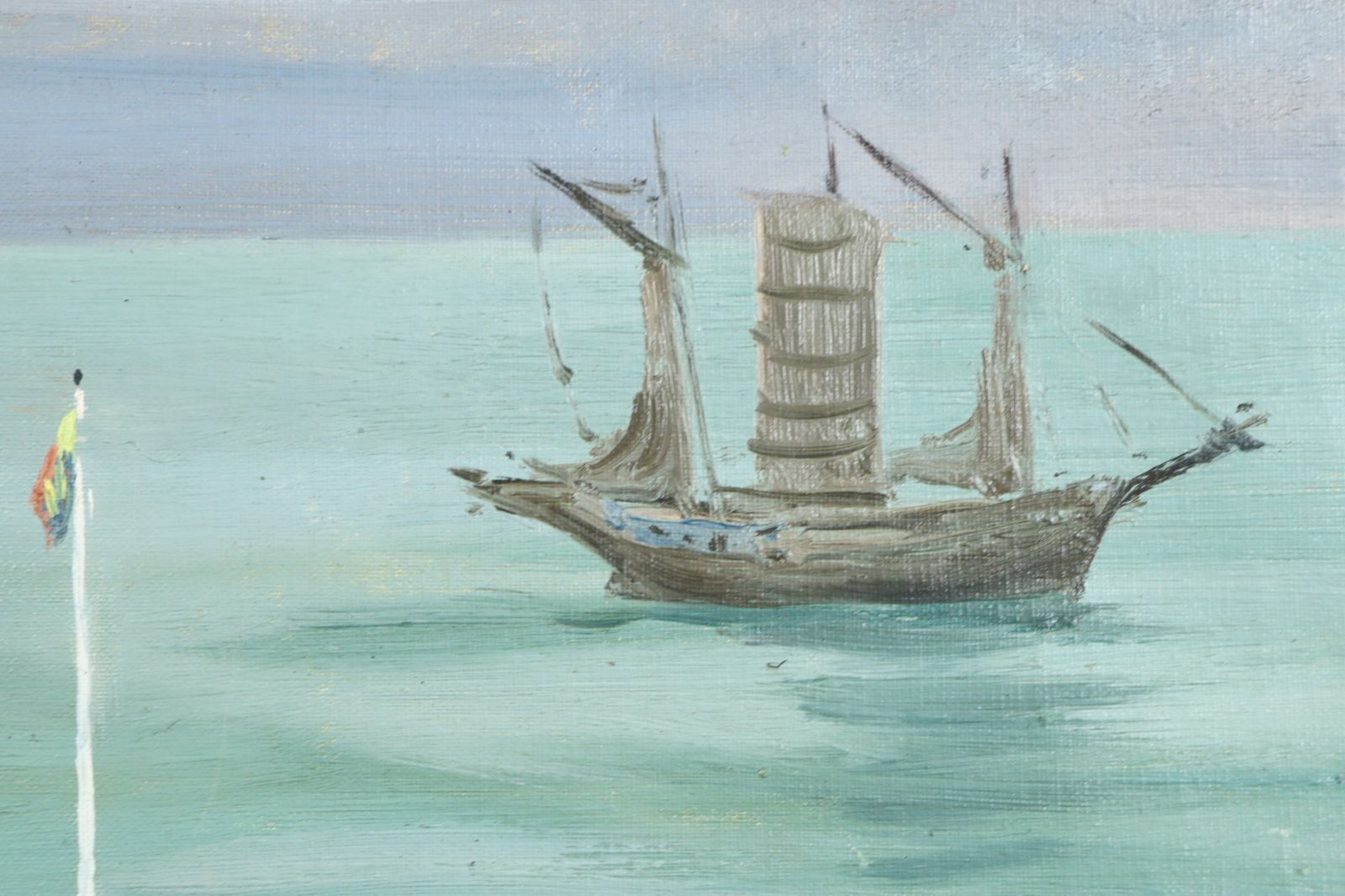 小磯良平 「風景画」 肉筆油彩12号 タトウ箱 海 唐物 骨董 古
