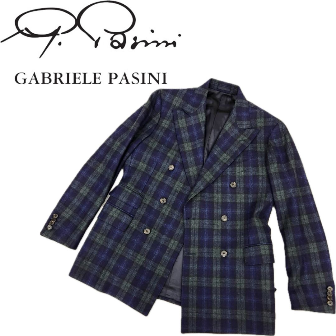 【GABRIELE PASINI ガブリエレパジーニ】　【ピークドラペル ダブルブレスドテーラードジャケット タータンチェック ネイビー×グリーン  本切羽 通年仕様 MADE IN ITALY】